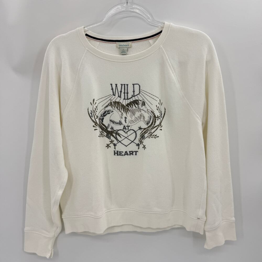 SUNDANCE Sweatshirt Wild At Heart Size L White Boxy Fit Terry Horse Western